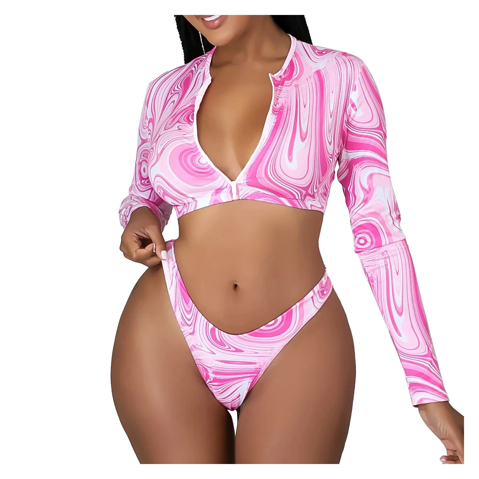 Sleeve Waist Long Split Bikini Temperament Zipper Beach Swimsuit Women\'S High Sexy Push Up Set Summer Beach Wear Swimming Hawaii