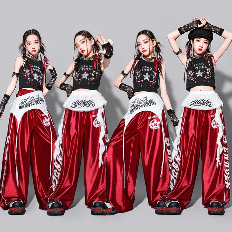 Girls Jazz Dance Clothes 2026 Kpop Performance Costume Black Tank Top Red Hip Hop Trousers Kid Show Stage Outfit Streetwear 3968