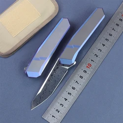 TBEKETEN Cuchillo táctico M390 damasco con mango titanio azul