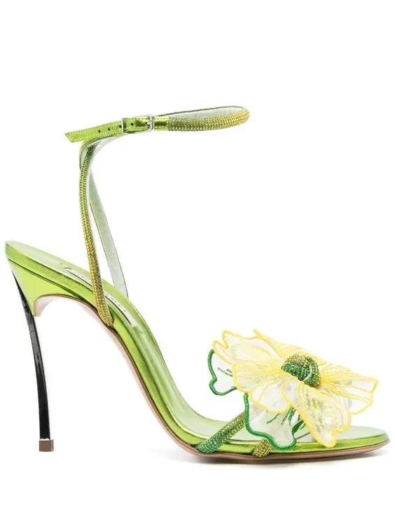 

Floral Green Metallic High Heel Slingback Sandals Women Ankle Buckle Open Toe Leather Sandals Luxury Crystal Lady Dress Shoes