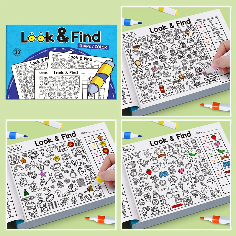 Caderno de desenho infantil de 32 páginas, look and Find, busca de itens infantis, jogo e atenção, percepção visual, livros divertidos para colorir