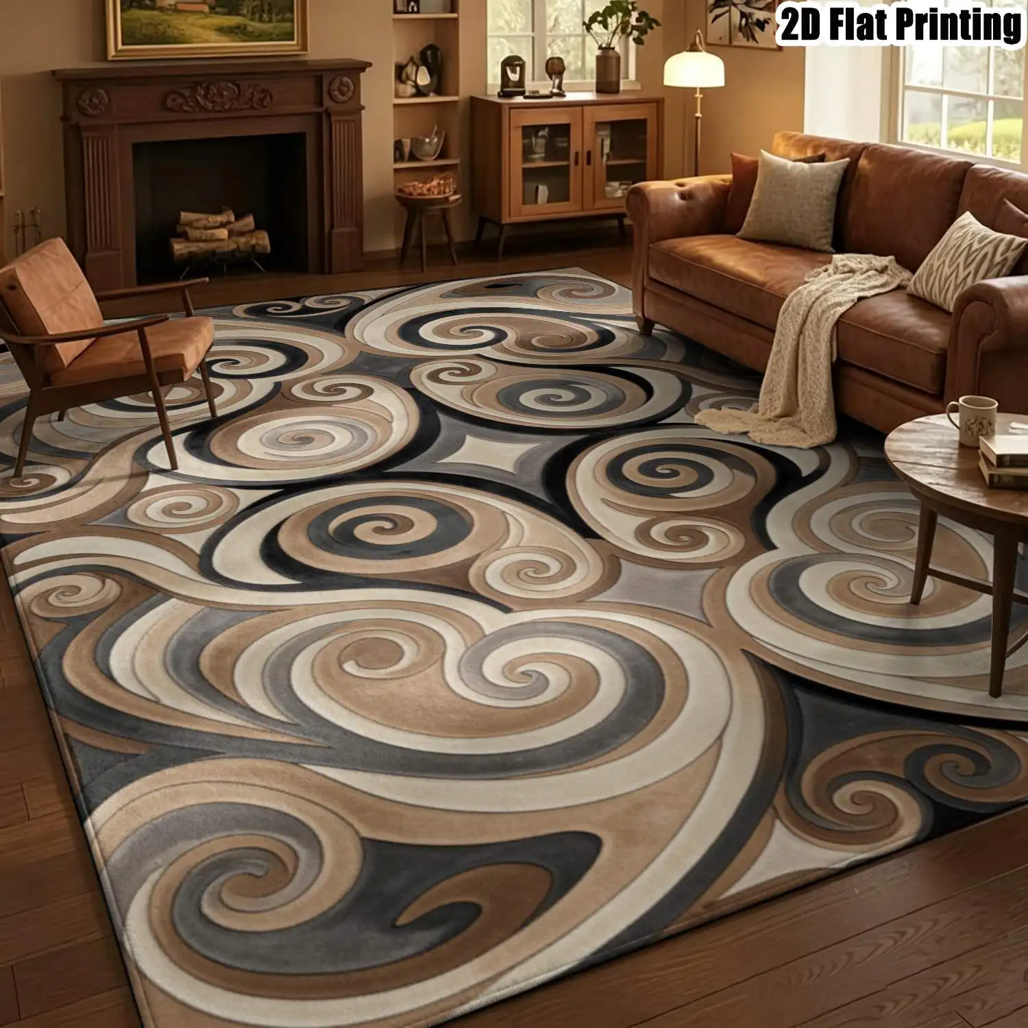 1Pc 2D Printed Carpet: Brown-Grey Spiral Pattern, Modern Nordic Retro Style, Home Decor, Multiple Sizes, Machine Washable, for Entrance, Dining, Foyer, Study, Living Room, Bedroom