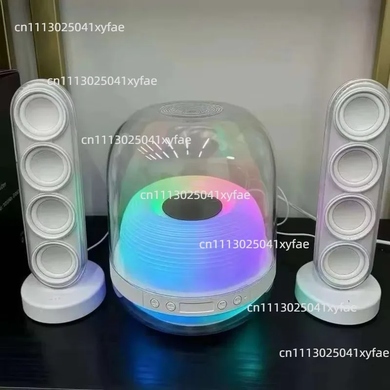 Home Wireless Stereo Speaker, Transparent HIFI Subwoofer with Colorful Ambient Light, Desktop Audio Support AUX TF Card