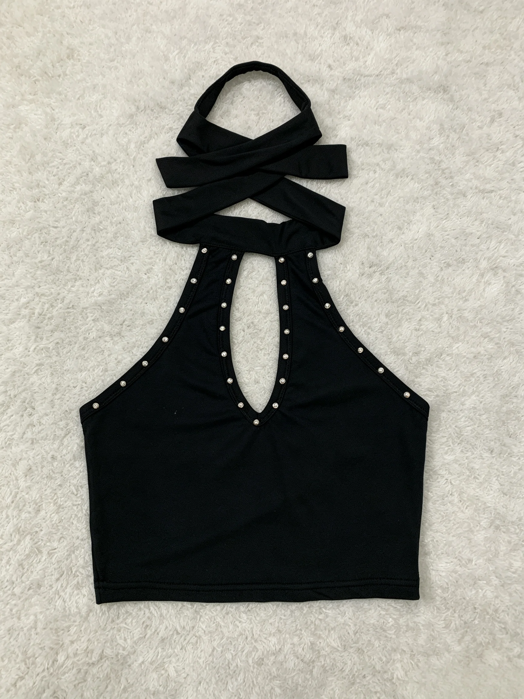 Women's Black Halter Crop Top Rivet Studded Deep V Cutout Backless Punk Y2K Sleeveless Tank Camisole with Self-Tie Bow Detail