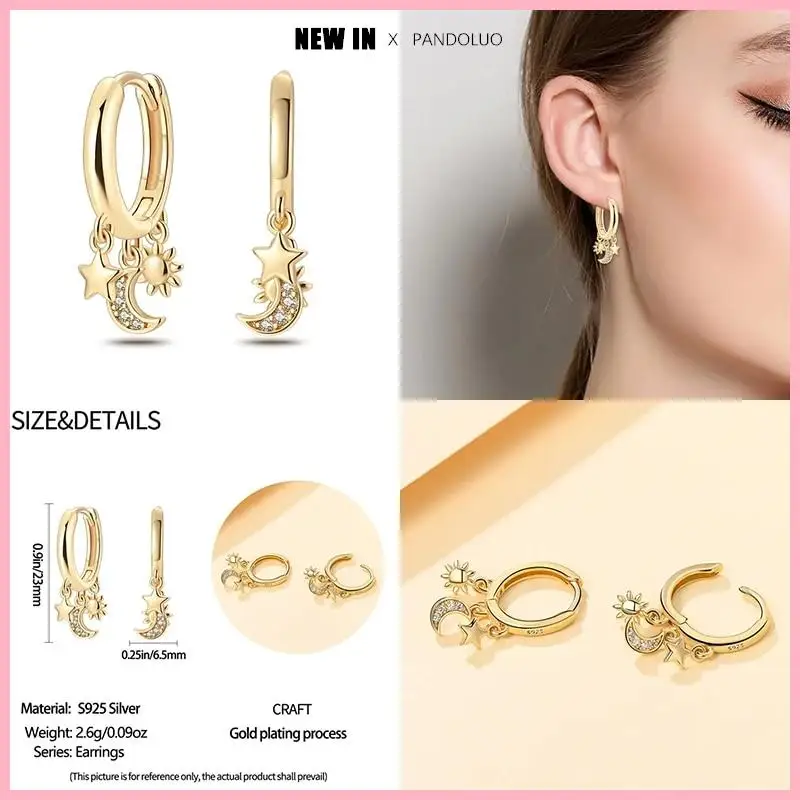 Original New in Hot Sale Elements Gold Rose Gold Luminous Earring Jewelry Gift Women 925 Silver Sun and Moon Shape Drop Earrings