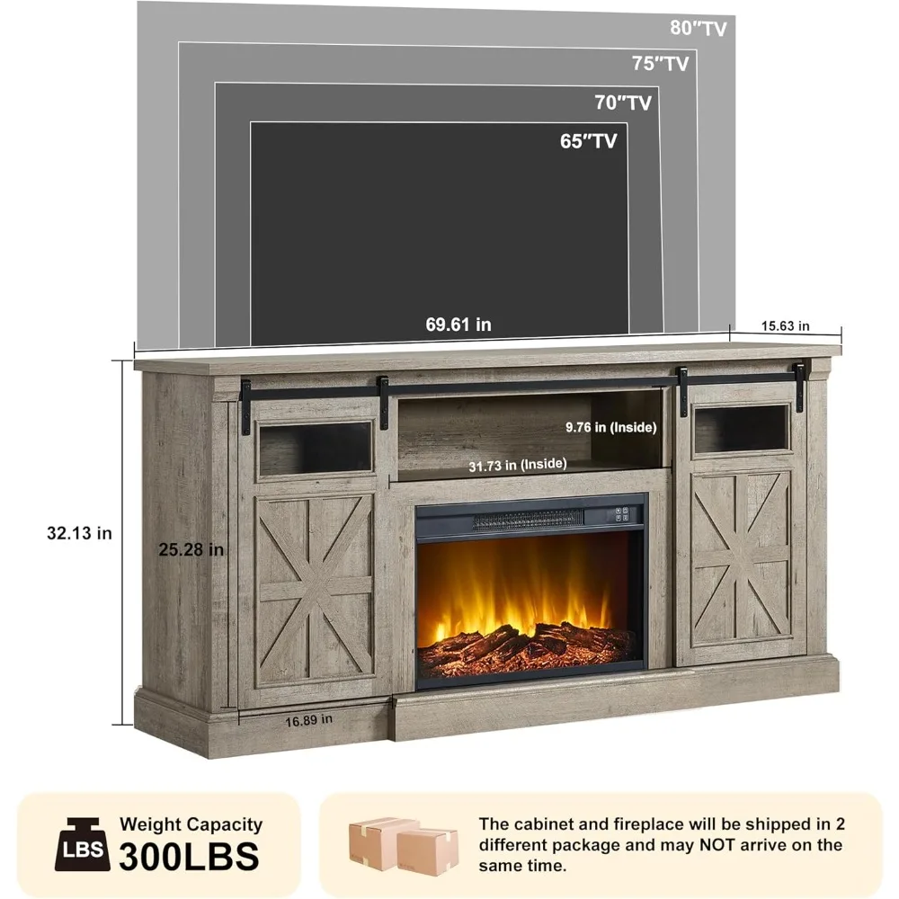 Centro de entretenimiento con chimenea eléctrica para televisores de 80 pulgadas, mesa consola de TV estilo granja de 32 altos