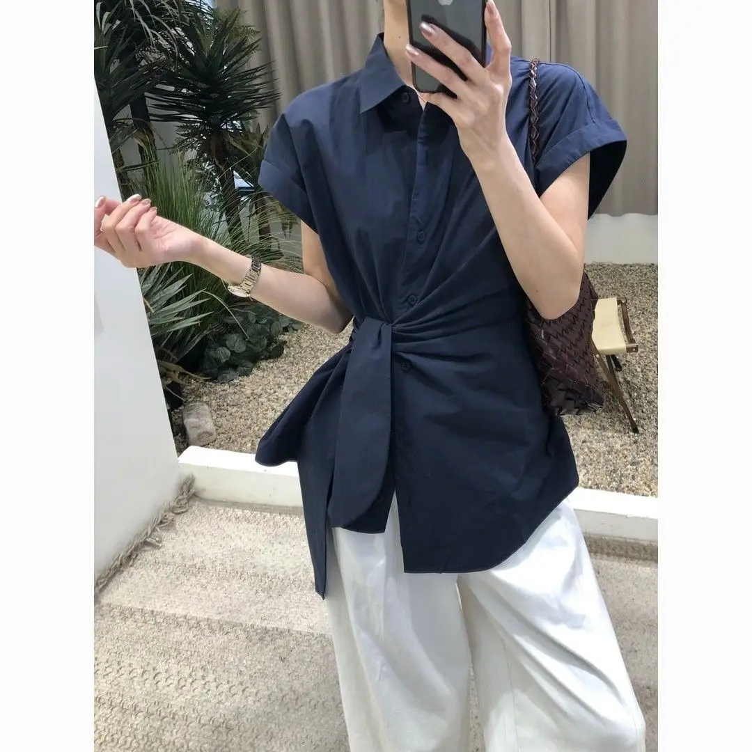 Koreański styl casual, top damski na lato z nowym wzorem, wiązany w talii, modny kołnierzyk, włókno poliestrowe.
