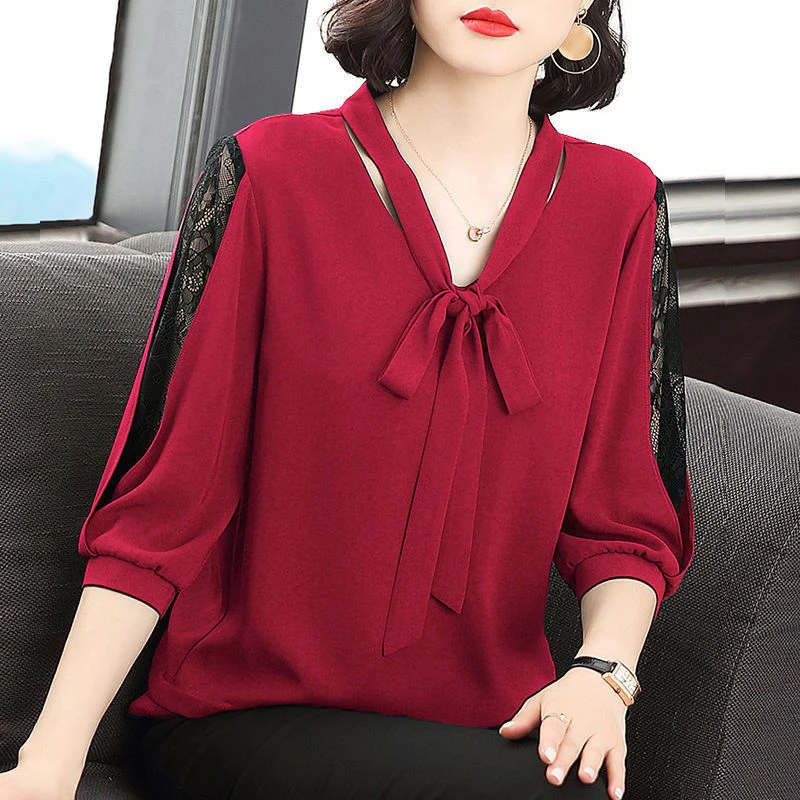 Summer New Elegant Fashion Lace Patchwork Bow Bandage Oversized Shirt Lady 3/4 Sleeve Loose All-match Pullover Top Women Blouse