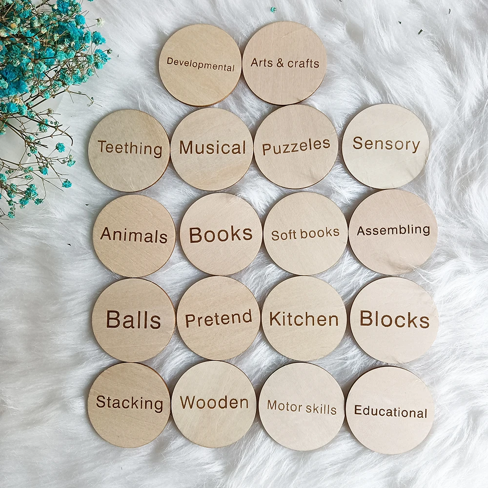 Wooden Storage Tags for Nursery Decor, Storage Labels with Illustrations, Playroom Toy Signs, Rounds Bundle,Toy Box Custom Label