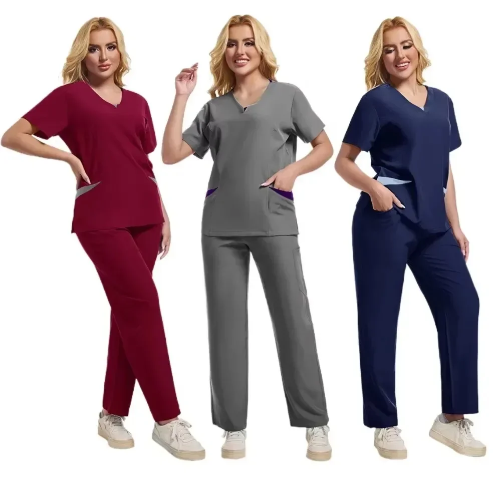 Novo conjunto de esfoliantes uniformes médicos estiramento esfrega topos com calças bolso uniforme enfermeira médico cirurgia macacão salão beleza workwear