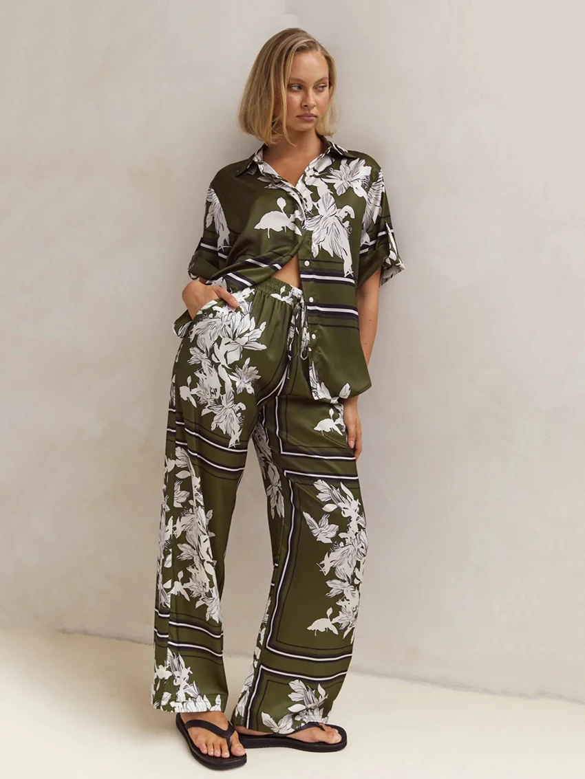 Marthaqiqi Printing Women Pajamas 2 Piece Suit Short Sleeve Sleepwear Turn-Down Collar Nightgown Pants Casual Ladies Nightie Set