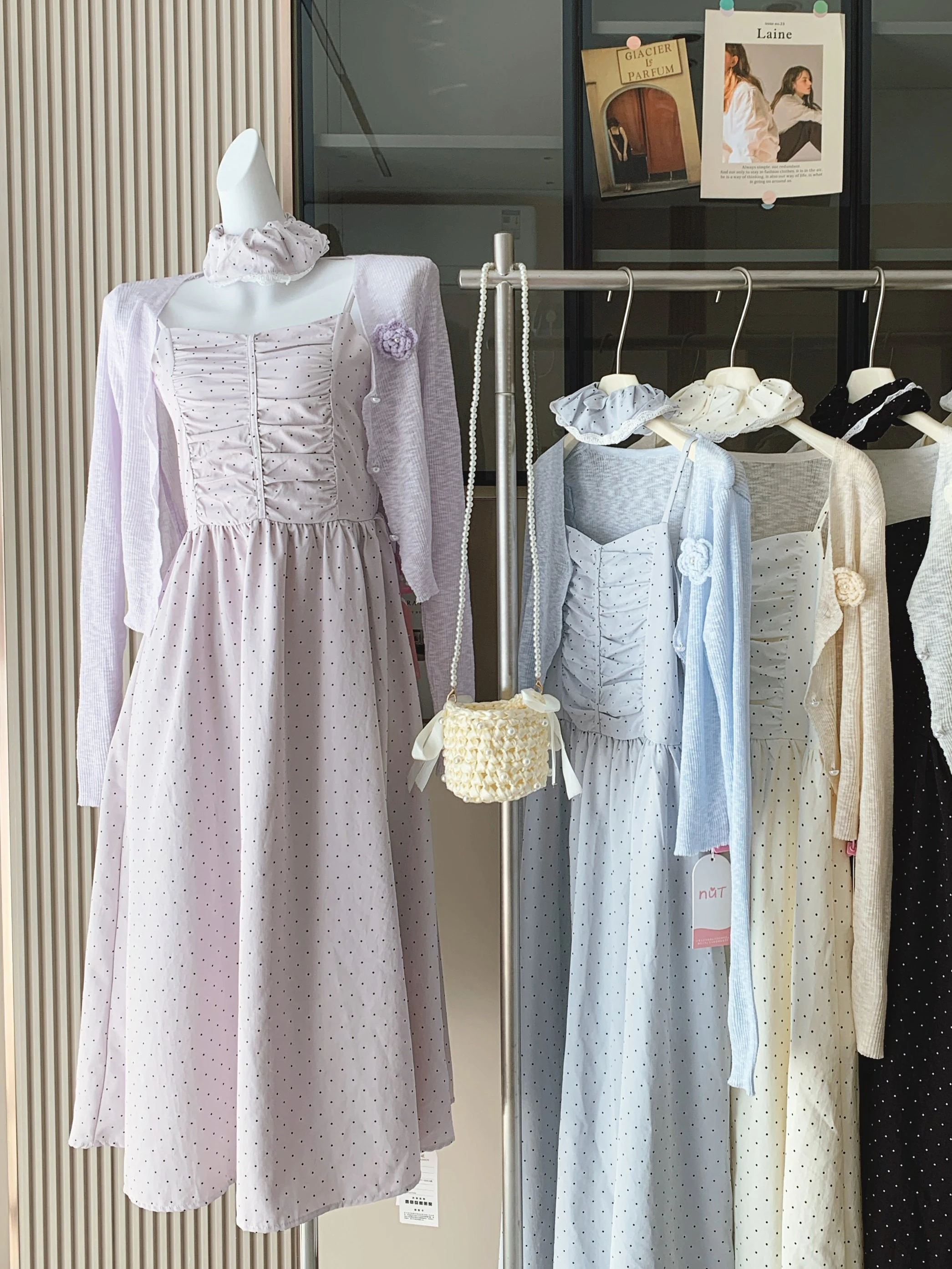 

Женский комплект: кардиган и длинное платье в горошек без бретелек, корейский стиль, с высокой талией, А-силуэт, весна-лето, защита от УФ-излучения