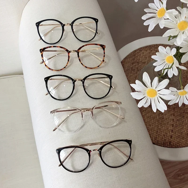 Retro Metal Frame Optical Plano Glasses for Women and Men Round Oversized Cat Eye Eyeglasses Anti Blue Light Blocking Eyewear