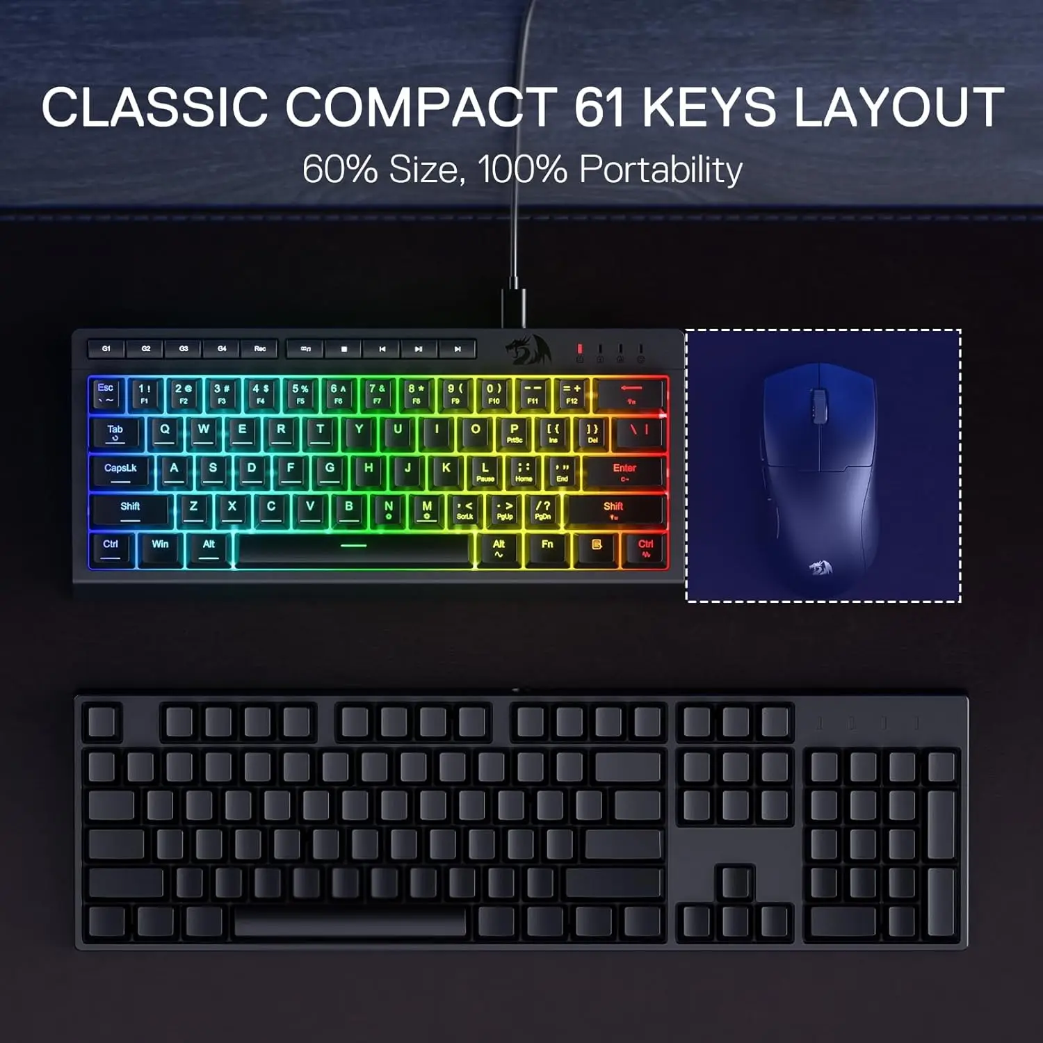 Redragon K522 60% Wired RGB Membrane Gaming Keyboard,Compact 61 Keys Linear Mechanical-Feel Switch