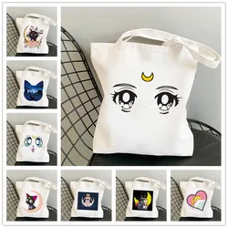 Sailor Meow On the Moon Women Shoulder Bags Harajuku Tote Handbag Canvas Girl Environmental Large Capacity Portable Shopping Bag