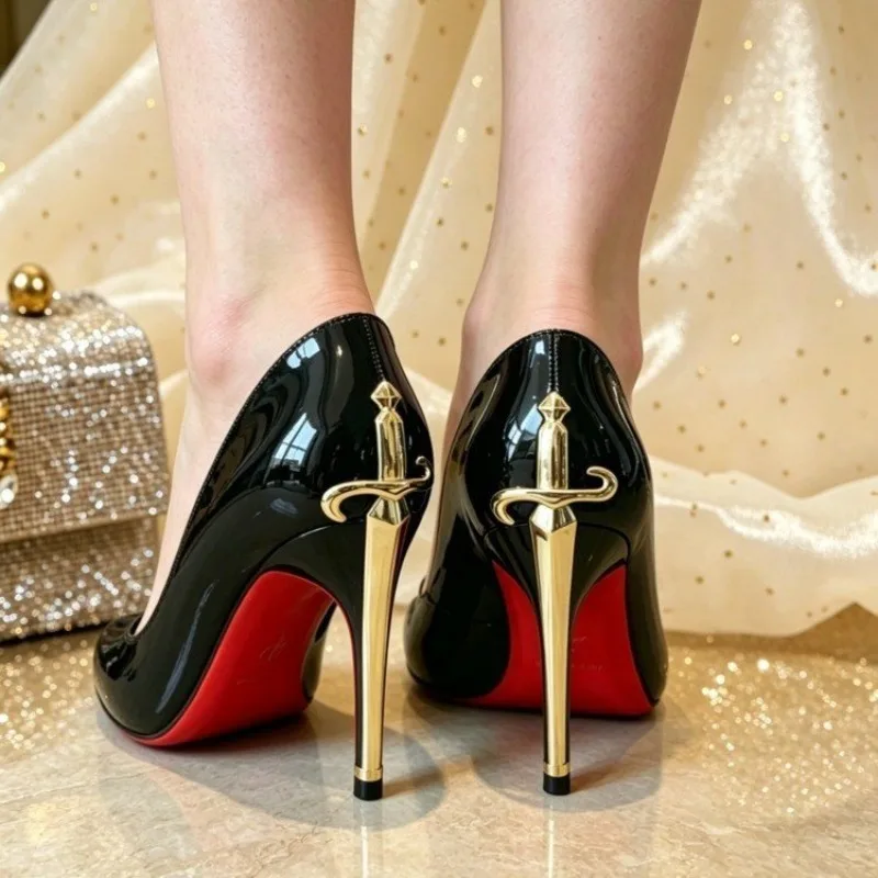 2026 New Red Sole High Heels Women's Thin Heel Pointed Toe Metal Sword Sexy Lady Black Painted Leather Single Shoes image 3