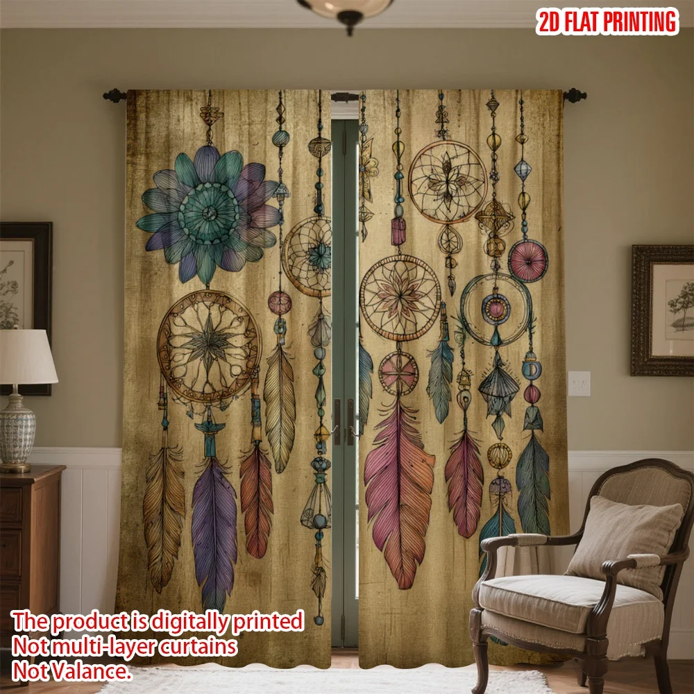 

2D flat printing 2pcs Curtain Bohemian Dreamcatchers with Feathers Digital Printed Polyester Drapes Birthday Party Use for