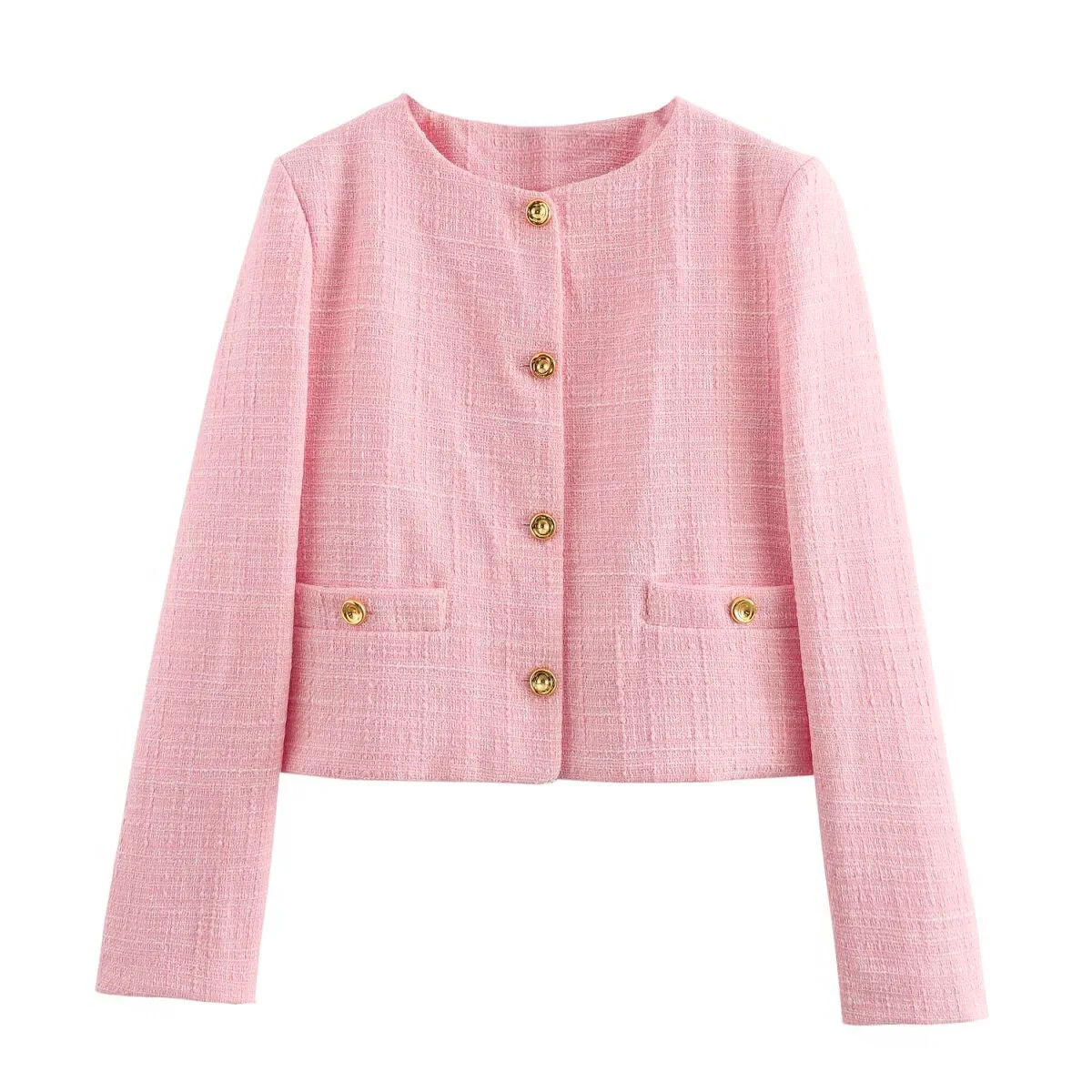 Tangada Women 2024 Fashion Pink Tweed Crop Blazer Coat Vintage Long Sleeve Female Outerwear QD0123