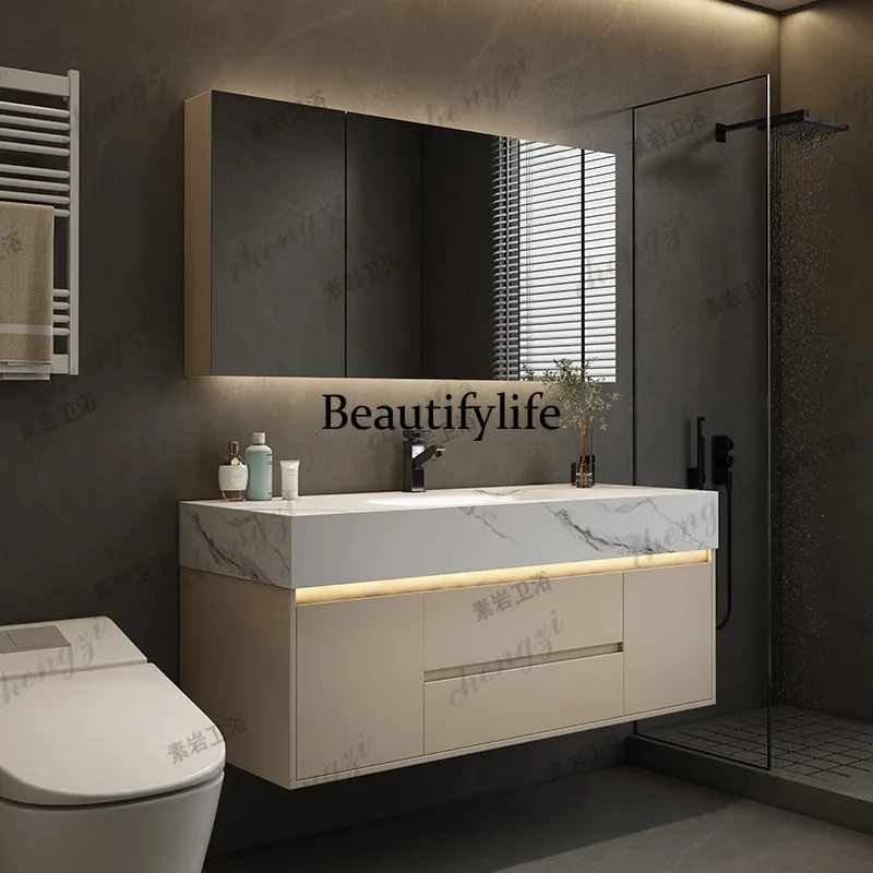 Light luxury bathroom cabinet rock slab hot bending integrated basin toilet washbasin cabinet combination