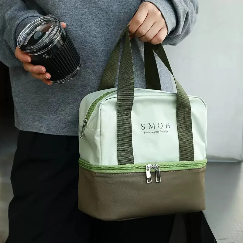 

Korean Double-layer Large Waterproof Lunch Bag with Aluminum Foil Insulation for Work Student Outdoor Picnic Handle Bento Bag