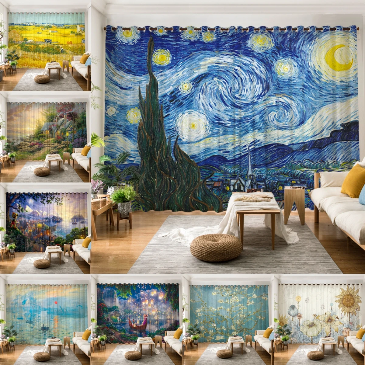 

Custom Van Gogh Harvest Oil Painting Thin Curtain Personality Modern Simple Background 65% Blackout Art Studio Art Window Screen