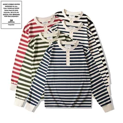 OKONKWO 230g Heavy Weight Long Sleeve Striped Henry Collar T-shirt Deck Shirt TEE Outdoor Trekking Travel Fitness Sports Clothes