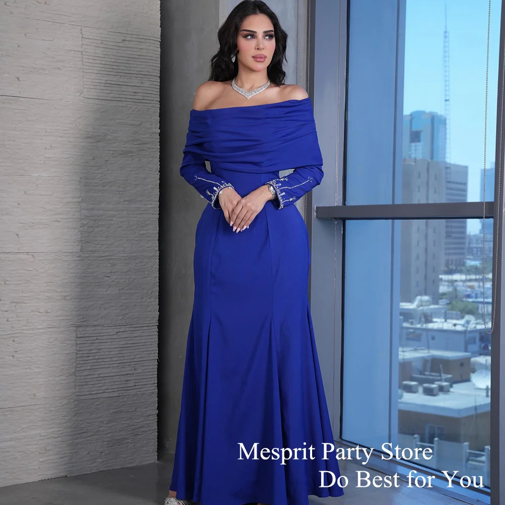 Arab Evening Dress Boat Neck Long Sleeves Beading Stones Mermaid Prom Dresses Floor Length Royal Blue Saud Party Gown