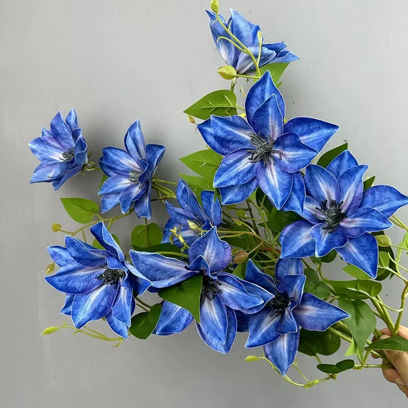 2pcs/lot Real Touch Artificial Clematis Plastic Fake Flowers Cafe Decor Simulation Blue Clematises Flowers Balcony Decoration