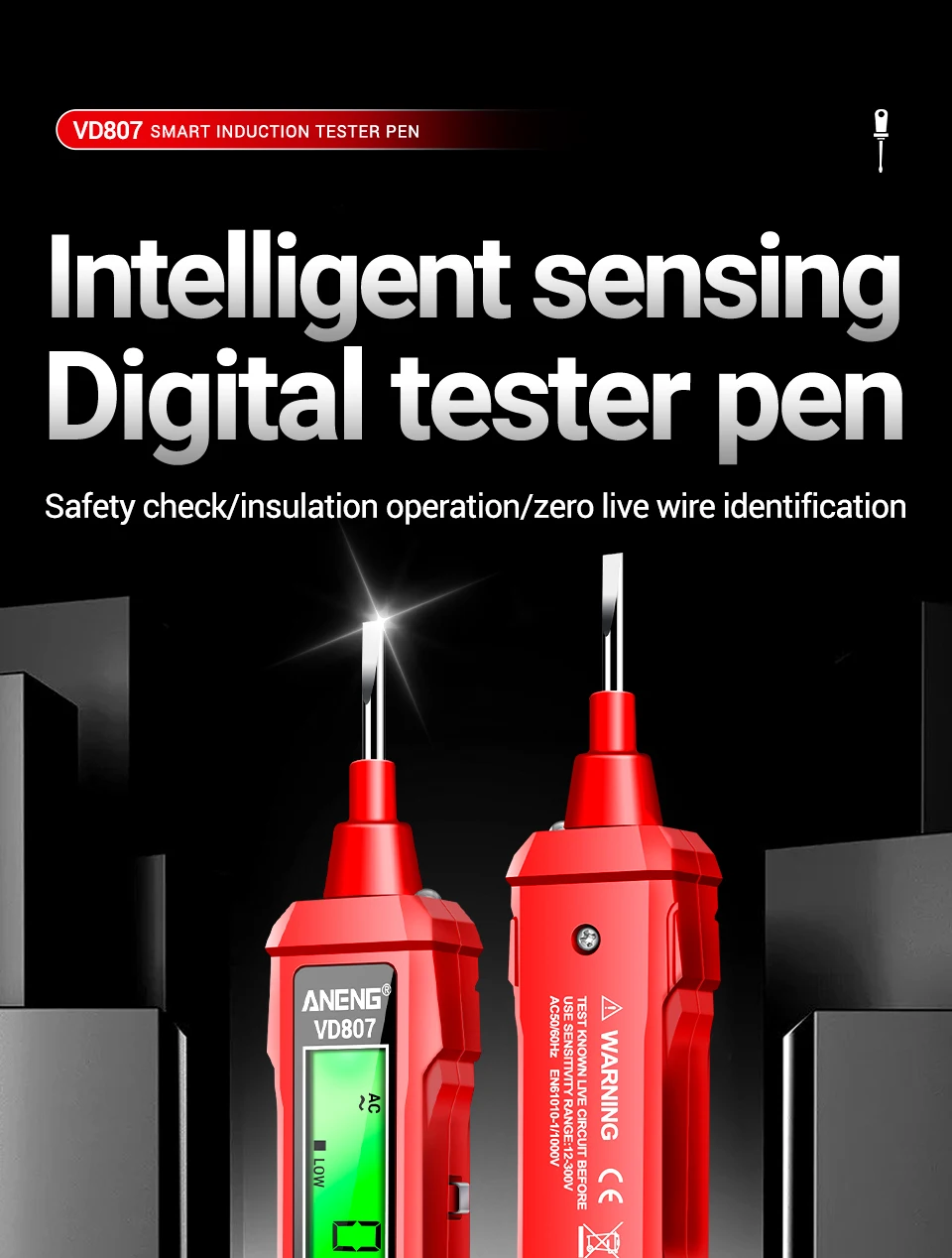 ANENG VD807 Ein-Wort-Induktion, tragbar, 50/60 Hz, intelligenter elektrischer Stifttester, NCV-Sensor, AC 12–300 V, berührungslose Drahtdetektor-Werkzeuge – Detail 3