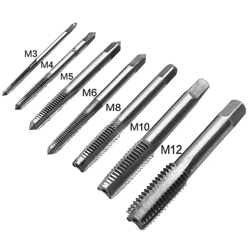 7pcs Tap Bearing Steel Taper Spiral M3-M12 Straight Fluted Screw Thread Metric Plug Drill Bits Set Hand Tools Taping Drill