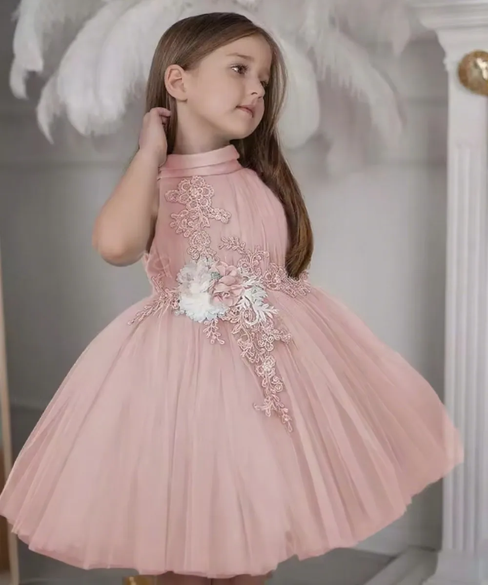 Vestido de novia elegante personalizado con flores para niña, apliques de  flores, cuello alto, sin mangas, fiesta de cumpleaños, vestido de primera  comunión / Vestido de fiesta para bodas, image size:1000x1200