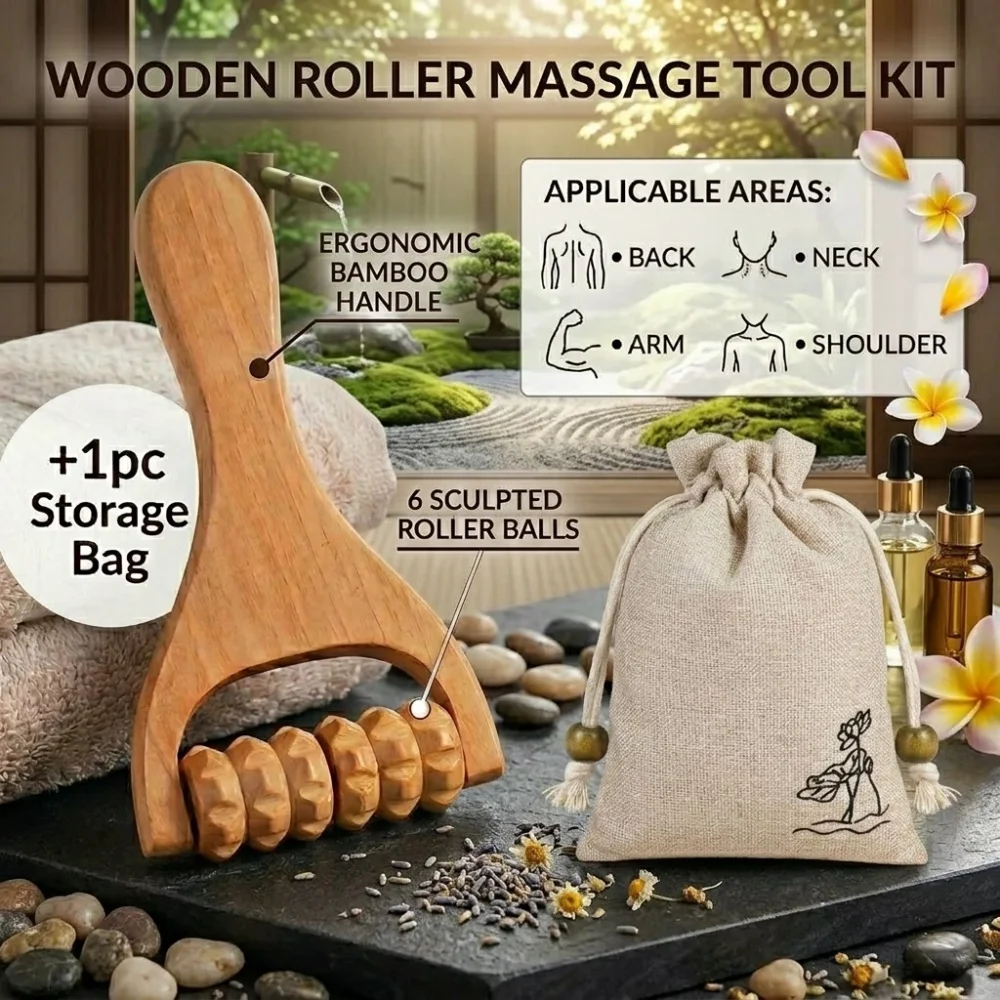 6-Tooth Wooden Massage Roller Massager, Multifunctional Bead Massage Tool, Suitable for Both Men and Women, Manual Massage Tool for Neck, Back, Face, Waist, Legs, and Arms, Perfect for Mother's Day Gift
