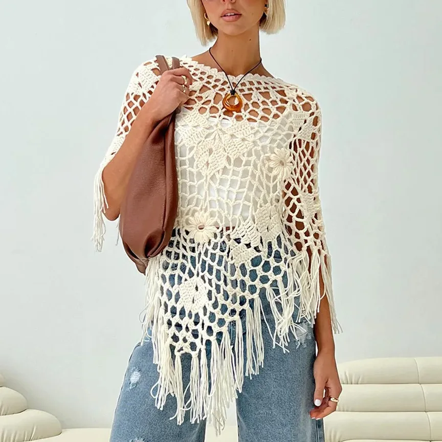Women's Y2K Crochet Fringe Poncho Top Floral Open Knit Sheer Cape Vintage Retro Boho Beach Cover Up Outfit