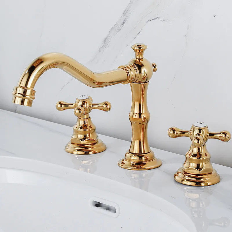 Tuqiu Antique Basin Faucet Brass Gold Bathroom Faucet Chrome Sink Faucet 3 Hole Double Handle Hot & Cold Wash Faucet Water Tap