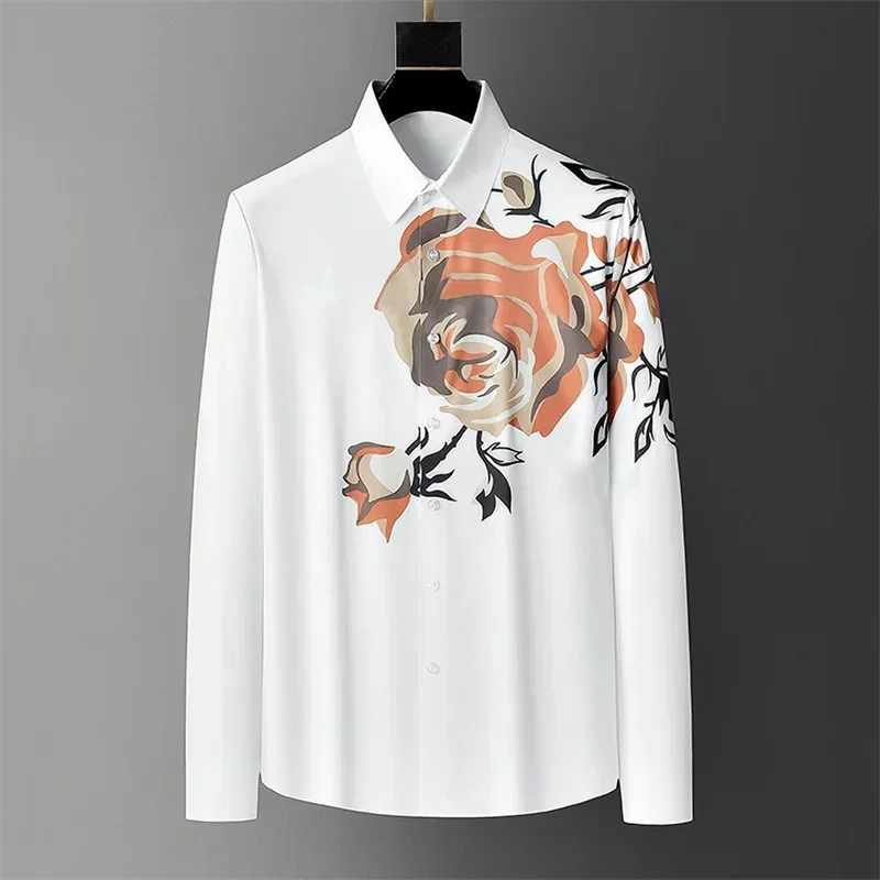 Men's Simple Retro Rose Flower Printed Long-sleeved Shirt for Spring and Autumn Outing Parties High-quality Printed Lapel Shirt