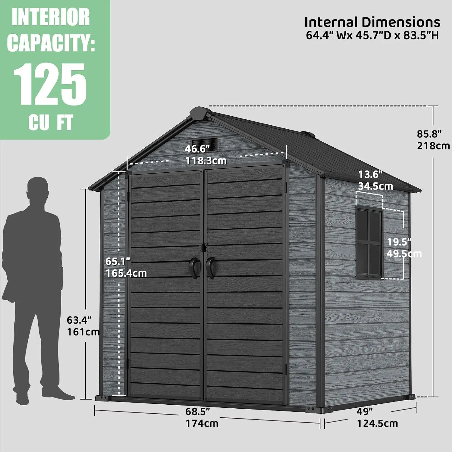 6x4.4 FT Outdoor Storage Shed with Floor, Durable 16mm Resin Shed for Backyard & Patio, Waterproof Lockable Tool Shed