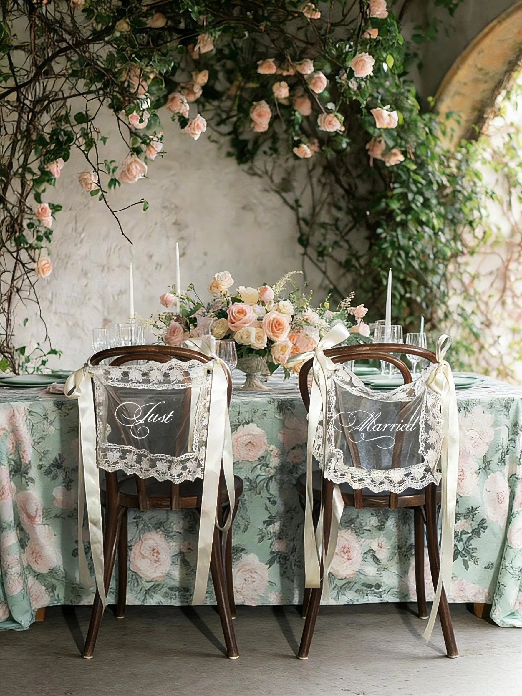 Personalized Lace Just Married Chair Sign for Bride & Groom Wedding Chair Decor Sheer Lace Signs Custom Wedding Chair Banners