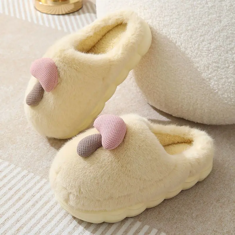 Soft Thick Bottom Fur Slippers Women Cute Mushroom Fluffy Cotton Slippers for Woman Non Slip Indoor Warm House Shoes Ladies