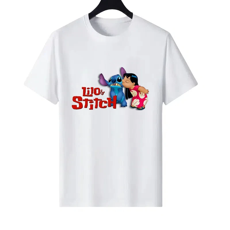 

Disney Stitch Pattern Woman White Summer Fashion Parent-child Clothing Tops Ladies Cheap Short Sleeves T-Shirt Men Sweatshirts