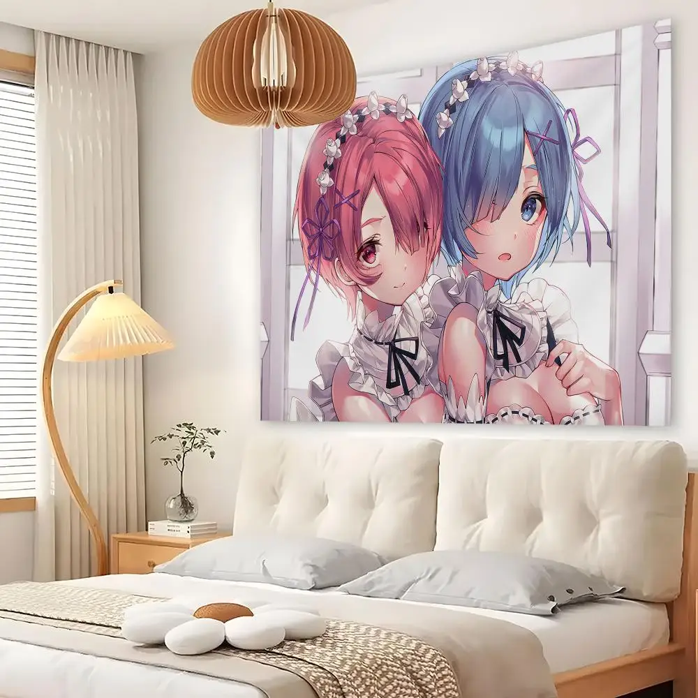 R-Rem & R-Ram Anime Tapestry Custom Living Bedroom Party Dormitory Interior Wall Bohemian Decoration Attached Clip