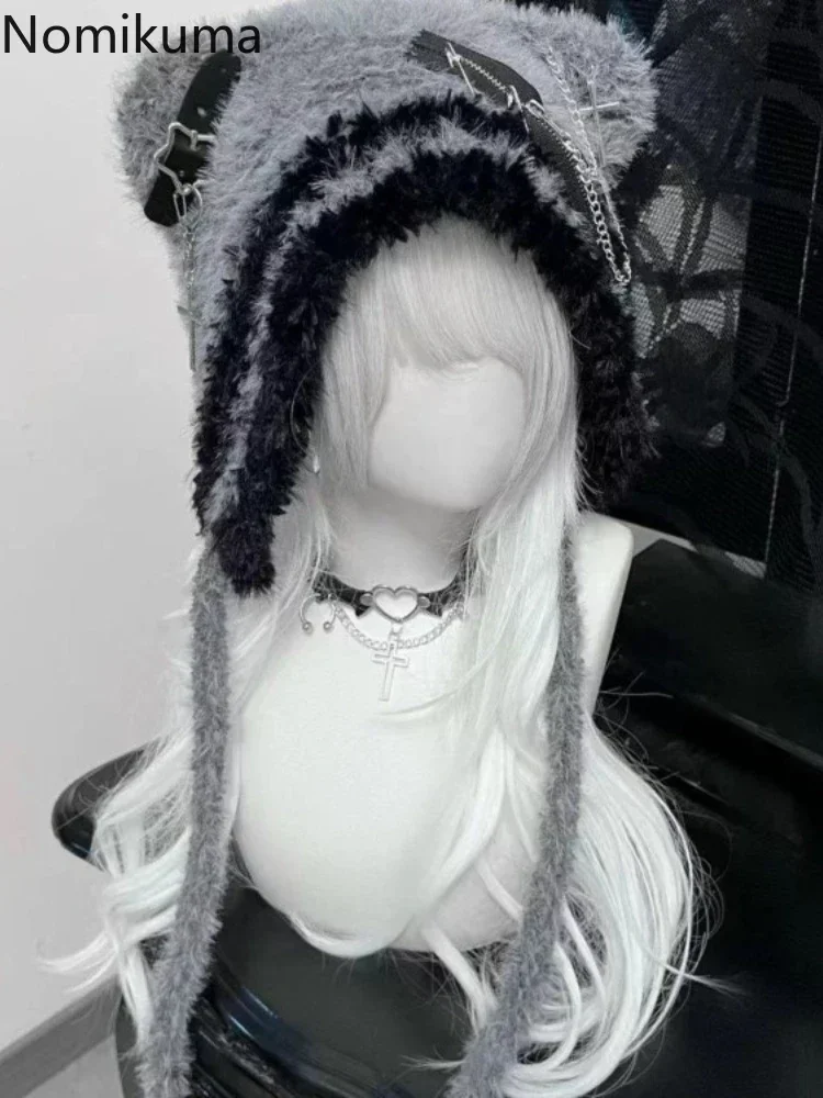 Harajuku Gothic Lolita Y2K Knitted Cat Ear Hat Women Punk Designer Cross Bat Winter Black Beanie Cute Hat Female Accessories Cap