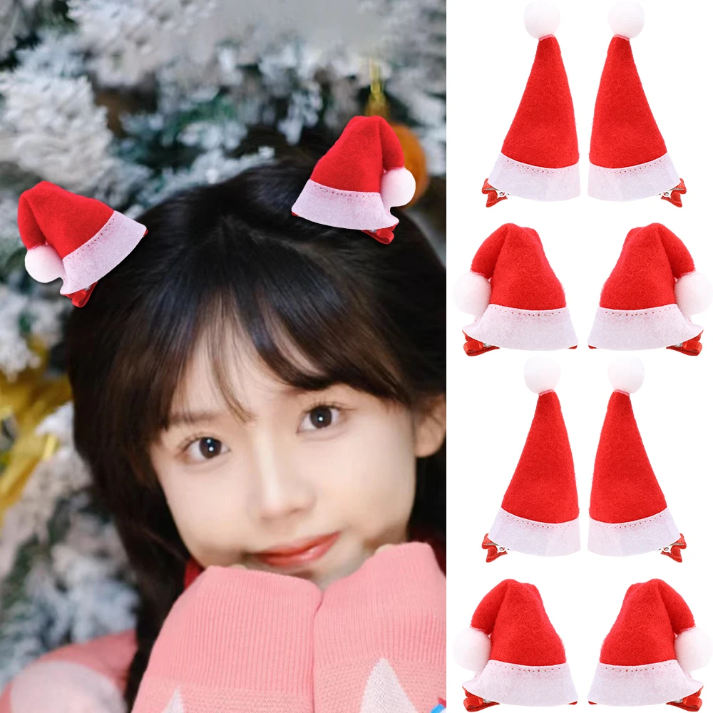 1/2pcs Christmas Hair Clip Xmas Hat Hair Clips Santa Cap Duckbill Clips Cute Mini Hat Hair Barrettes Holiday Hair Accessories