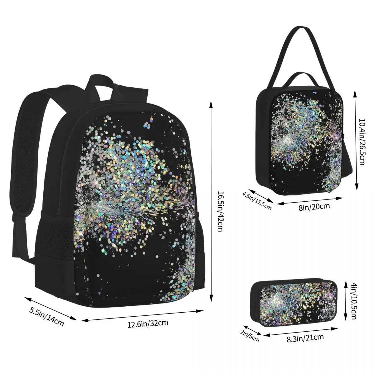 Black And Multicolor Sequins Faux Backpacks Students Bookbag School Bags Kids Rucksack Lunch Bag Pen Bag Three-Piece Set