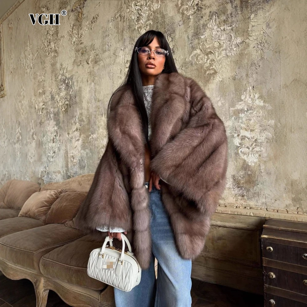 

VGH Luxury Fashion Style Mid Length Coat for Women Lapel Long Sleeve Patchwork Imitation Rabbit Fur Jacket Female Winter Clothes