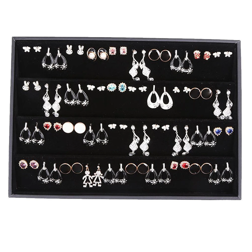 

Earrings Display Tray Suede Ring Jewelry Organizer Case Black For Home Business Decoration Storage Holder