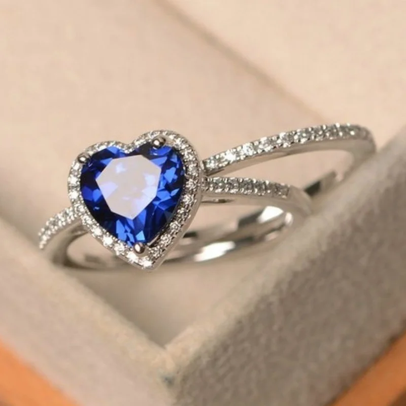 

2 exquisite 1 carat heart-shaped navy blue women's engagement rings and wedding rings jewelry gifts