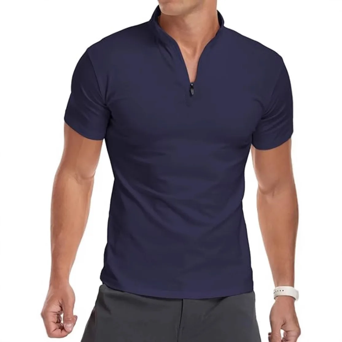 Fashion Mens Zipper  Shirt Short Sleeve T-Shirt Top CleanFit Style CityWalk CoolFeel Function Polyester Fabric
