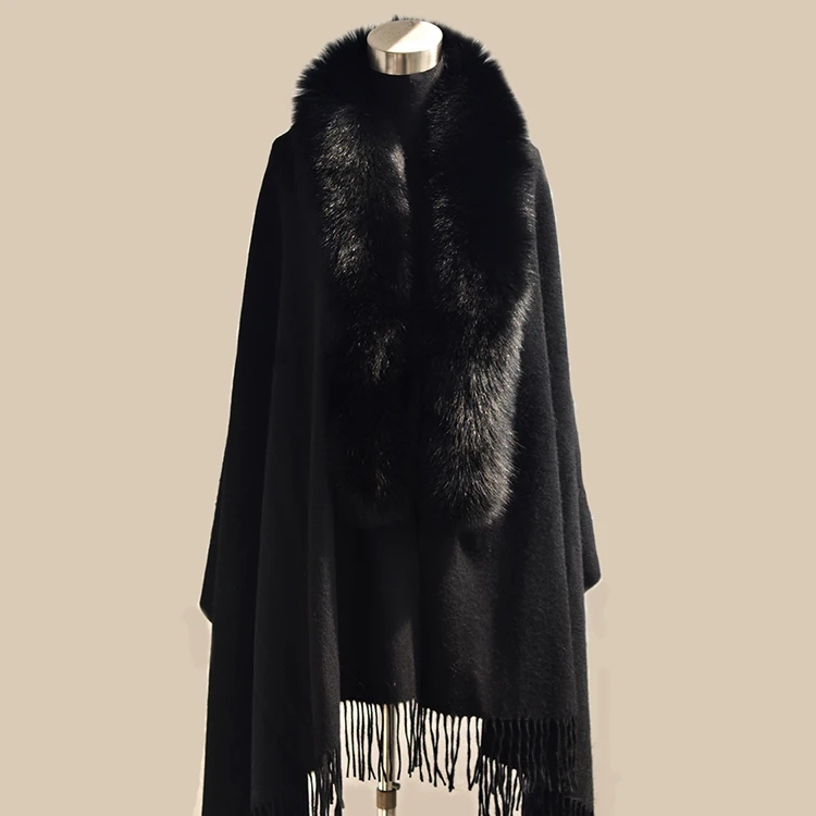 Pure 100% Wool Shoulder Wrap with Extended Real  Fox Fur Collar for Women Wedding  Party Fur Cloak Autumn Winter Fashion Cape