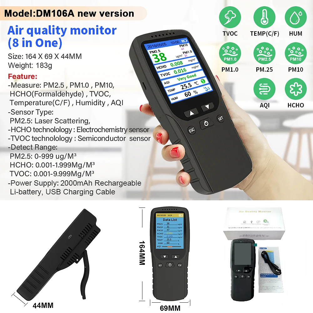 Detector de calidad del aire portátil de alta precisión, probador de Sensor HCHO portátil, pistas PM2.5, medidor de polvo de neblina, Detector multigas