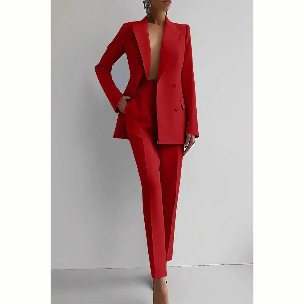 Fashion Chic Suit for Women Double Breasted Notch Lapel 2 Piece Jacket Pants Female Clothing Formal Office Lady Blazer Set